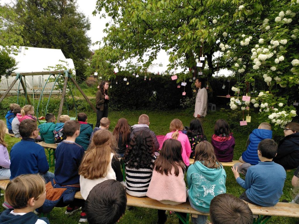 Un groupe d'enfants assis sur un banc dans un jardin vert, entouré d'un arbre évoquant des souvenirs. Un public attentif devant le spectacle écologique en extérieur De souvenirs en racines,